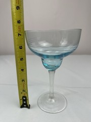 Vintage Hand-Blown Margarita Glass Aqua Blue Bowl Clear Stem Etched Bands
