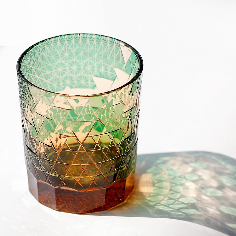 Handcraft Drinkware Hand Cut To Clear Crystal Satsuma Kiriko Whisky Cup Green