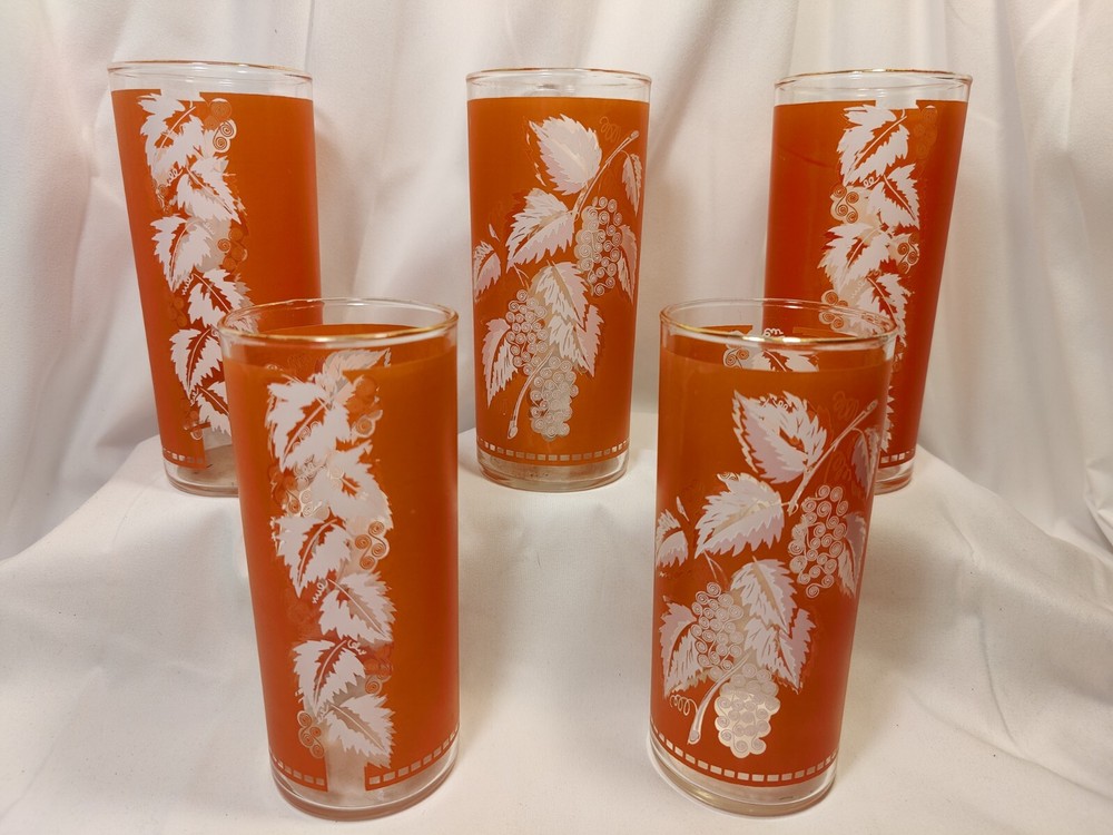 Vintage Salmon Pink & Blue Pastel Frosted White Leaf Glasses Tumblers (6)