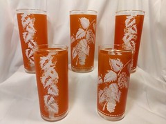 Vintage Salmon Pink & Blue Pastel Frosted White Leaf Glasses Tumblers (6)