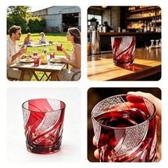 Edo Kiriko Style Red Cut Crystal Whiskey Glass Hand Carved Old Fashioned Tumbler