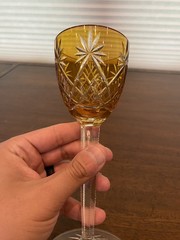STUNNING VTG Amber Cut To Clear CRISS CROSS & FAN Wine Glass 7.5″H
