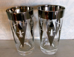 4 MID CENTURY Highball BAR GLASSES Silver FLEUR DE LIS DIAMOND Pattern MCM