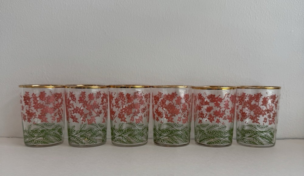 6 Libbey Pink Green Floral Juice Glass Gold Rim 3.75” Tall Vintage Cottage A