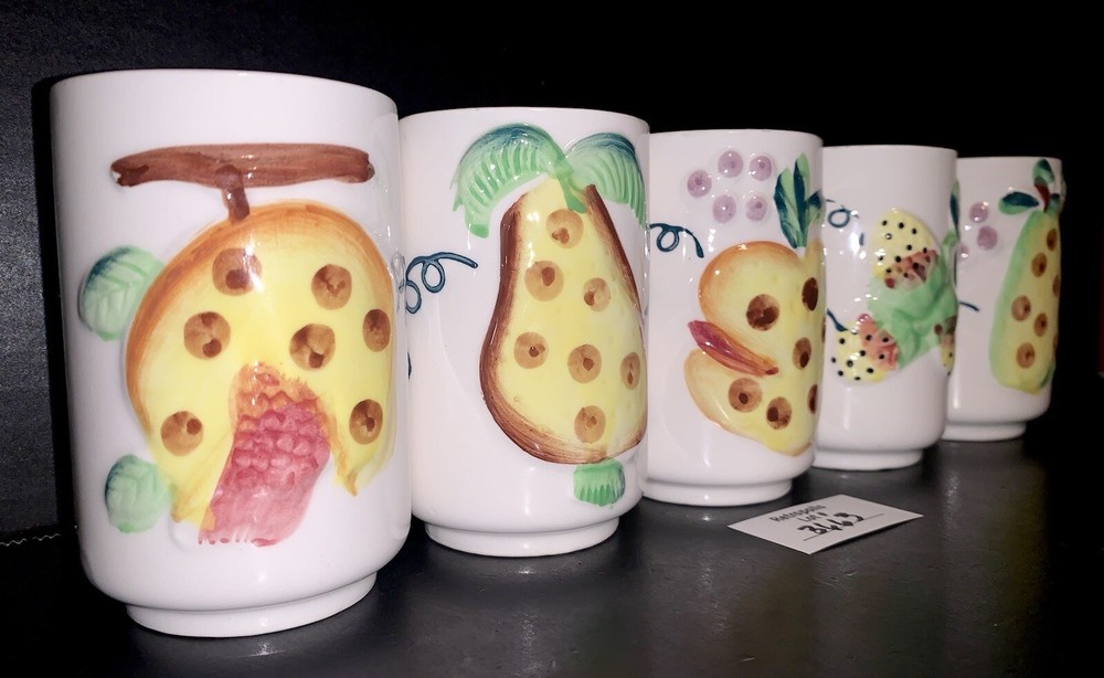 5 Ceramic Embossed Painted FRUIT Juice Cups Vintage Japan