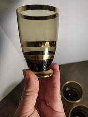 6 MCM Romanian Blown Glass Cordial Glasses Smoke with Gold Stripes And Rim