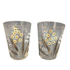 Hand-Painted Vintage Flower Glasses Set Of 2 Elegant Clear Tumblers With Yellow