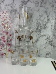 6 Vintage Golden Foliage Grapevine Gold Leaf Highball Glasses Frosted MCM 1960s