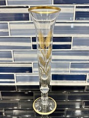 MCM Vintage Fluted 10” Footed Bud Vase Clear Glass Gold Wheat Design Gold Trim