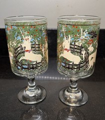 Vtg MCM CERA Enchanted Forest Hunt of the Unicorn Glasses Stemware SET Of 2