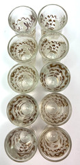 Shot Glasses Mid‑Century Gold Dove Set of 10, 1 1/2″ Rim, Vintage MCM Barware