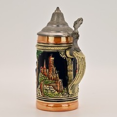 Original Vintage Signed German Ceramic Hand Painted Glazed Pewter Lid Beer Stein
