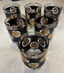 MCM 6 LIBBEY BLACK TEXTURED 22KT GOLD RIM WHISKEY GLASSES LIBERTY COIN ACCENTS