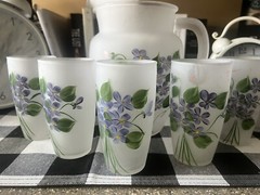 Vintage Frosted Glass Juice Set Pitcher & And 6 Glasses Hand Painted (A6)