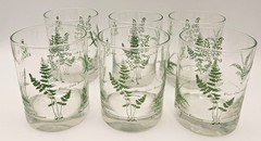 Lot of 6 Vtg MCM Fern Plant Lowball Drinking Glasses Clear/Green