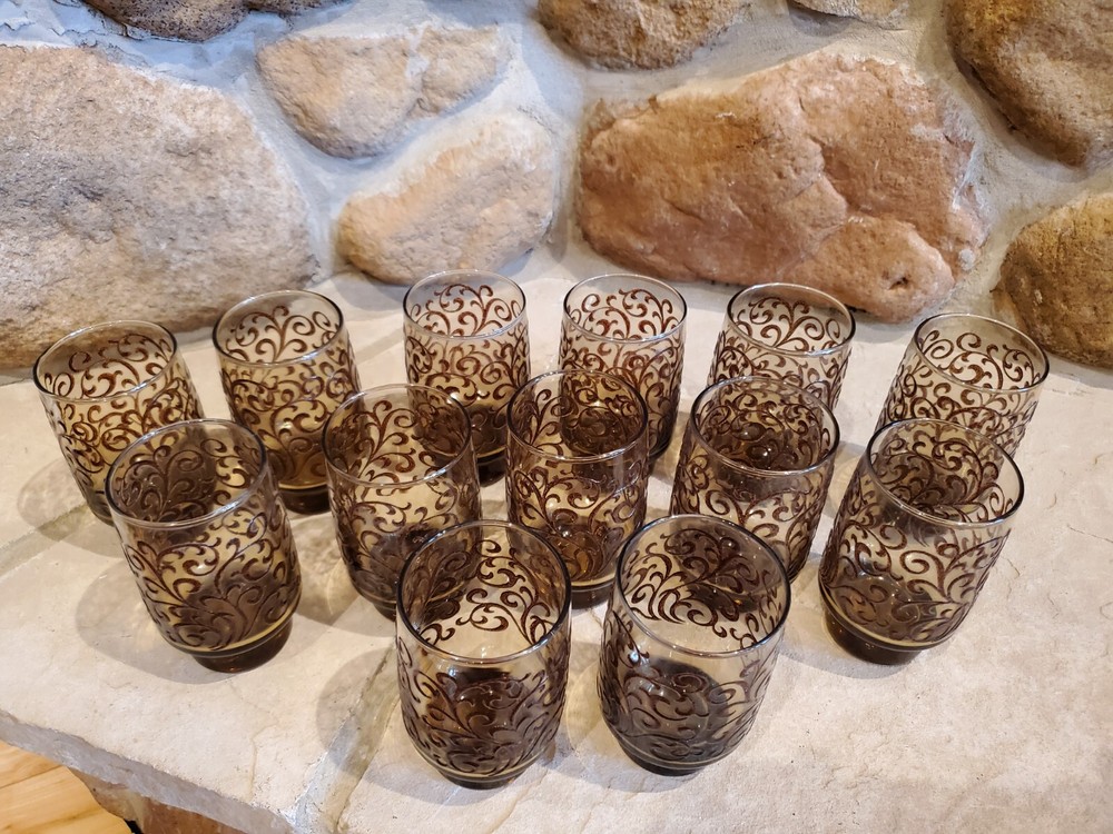 Vintage Amber Etched Floral Art Glass Drinking Glass 4.75”H – large set of 13