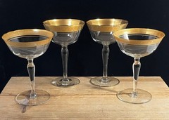 Vintage Champagne Coupe Optic Gold RimSherbet Cocktail Glasses Martini Set 4 MCM