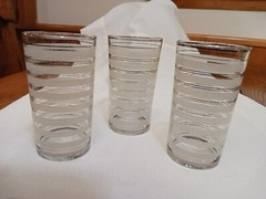 3 Vintage Highball Glasses -1940s. White etching, silver striping. Unique find!