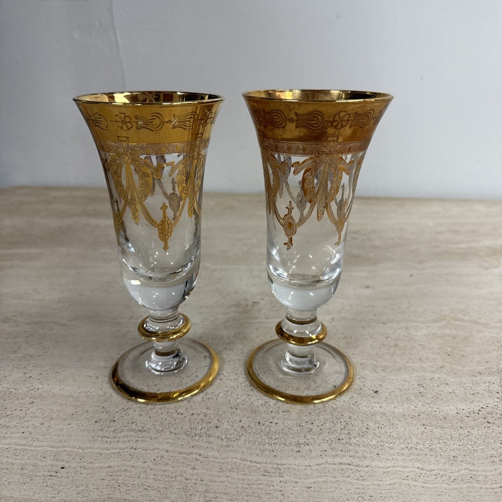 Interglass Italy Crystal Glass 24K Gold Clear Italian 7.5”Champagne Flutes~2 Pc