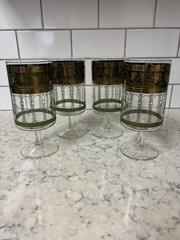 Vintage Set of four Cera Glass stemmed glasses with golden grapes and columns.