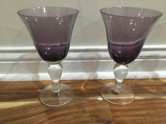 pair(s) Hand Blown Dark Purple Amethyst Clear 8» bulbous Stems Goblets mint