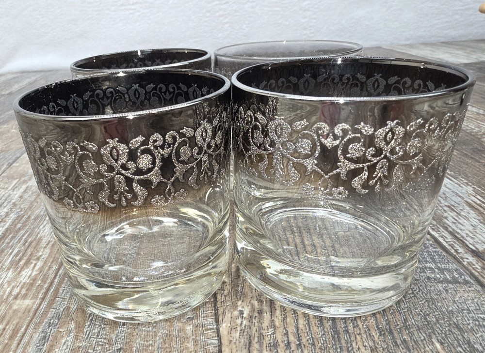4 Pc Mid-Century Modern Queen’s Lusterware Silver Fade Lowball Glass Set