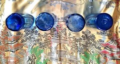 Vintage MCM Cobalt Azure Blue Handblown Glass Highball Barware Set Rough Pontil