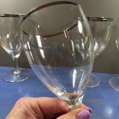 Set of 4 Clear Glass White Wine Glasses with Silver Rim 6.25 Inch Tall Vintage
