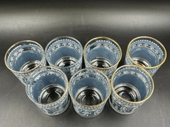 7 Vtg Hazel Atlas Blue & White Egyptian Hieroglyphs 3.5″ Low Highball Glasses
