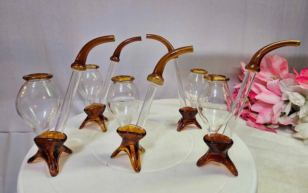 Set of 5 – Bohemian Czech Style port wine sipper glass clear & amber/ brown-READ
