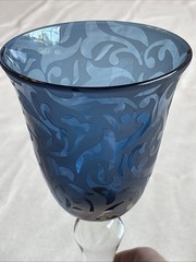Vintage Michael Weems 2002 Blue Etched Glass Wine Glasses Set of 2