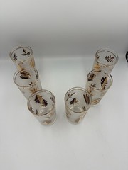 6 Vintage Mid-Century Frosted Gold Leaves Glasses Tumblers 5 1/2” Tall 12 Oz