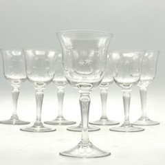 8 Vintage 1950s MCM Atomic Starburst Cordial Sherry Etched Clear Glass