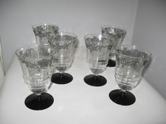 6 vintage glass beveled black etched black stemmed wine glasses goblets