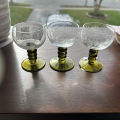 Set of 3, 1 oz Cordial Glasses with Grape Etching And Green Stem.