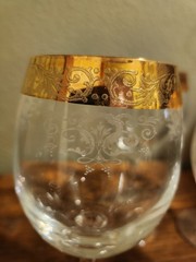 24K GOLD Cellini Etched Blown Crystal Wine Glasses Set of 4 Gold Trim