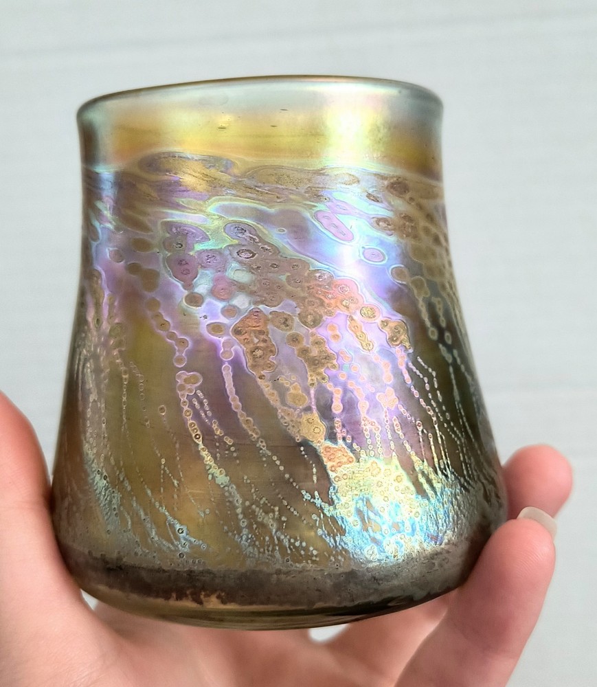 Vtg Signed Robert Coleman Studio Art Glass Tumbler Gold Iridescent 3.5” MCM