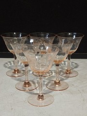 SET OF 6- DEPRESSION GLASS ETCHED PINK 4.5″ COCKTAIL LIQUOR GLASSES