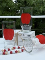 4 Vintage 1960s Red Textured Apple Glass 6” Tumblers + Aladdin Tea Jar Dispenser