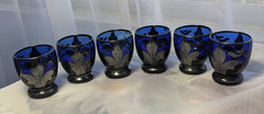 Vintage Nasco Cobalt Blue Liquor Glasses Sterling Silver Flower Overlay Set of 6