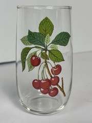 Vintage Fruit Glass Pitcher Set 4 Juice Glasses Lemon Cherry Grape Peach Gold