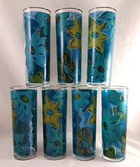 Set/7 Federal Glass 6.75″ TOM COLLINS Glasses Turquoise Floral Silver Rim