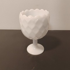 Vtg Diamond/Basketweave Design Milk Glass Textured Pedestal Goblet Scalloped Rim