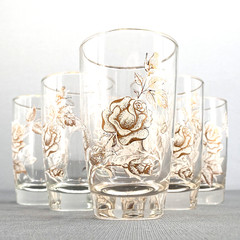 VTG Libbey Rose Bouquet Gold Rim Tumblers Set 6 Floral 12oz Glasses MCM