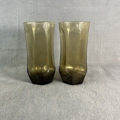 Set Of 2 Libbey Drinking Glasses Smoky Brown Clear Hexagon 5.5″ Tall Vintage