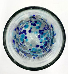 2 Handblown Glass Confetti Tumblers, Blue/Aqua/White/Brass Frit, Heavy, Mexico