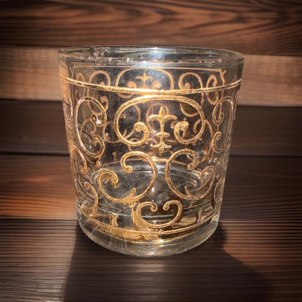 MCM Signed George Briard’s Double Old Fashion Glass Spanish Scroll 22k Filigree