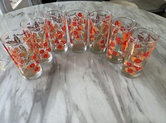 7) VTG FLORAL ORANGE RED Gold FLOWER TUMBLER 5.5″ INCH