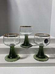 Vtg Shott Zwiesel Green Beehive Etched Wine Glasses W/ Gold Trim Set of 6 w/rack