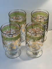 Vintage MCM Highball/Rocks Glasses (4) Green Gold Gilt Leaf Design Footed 1970’s